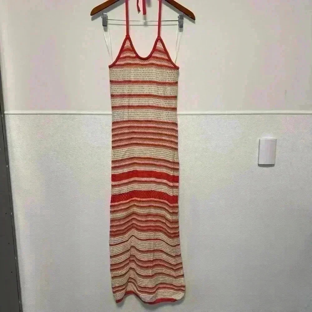 NWT!!! Freshman 1996 / Orange & Cream Striped Crochet Halter Maxi Dress / Size M